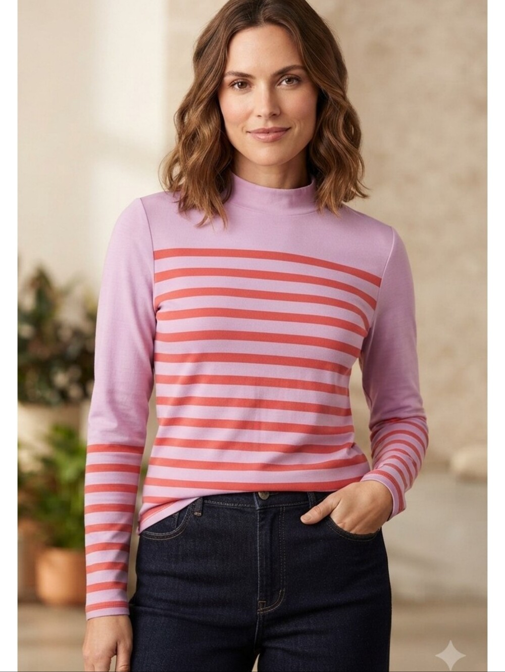 Talbots Calder Stripe Mockneck Top Pink & Orange Size MP